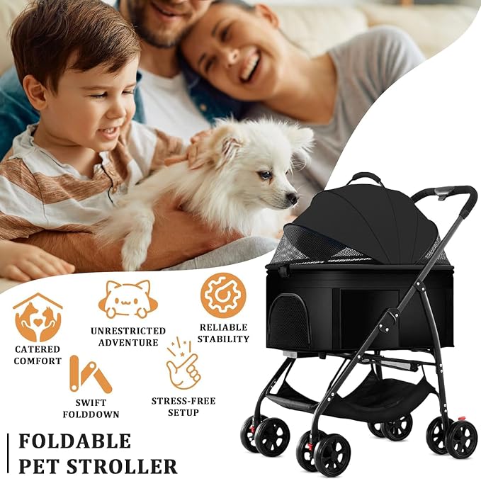 3 in 1 Dog Strollers 4 Wheels Folding Pet Stroller with Detachable Carrier Multifunction Portable Dogs Travel Carriers for Medium Small Puppy Kittens(Solid Black)