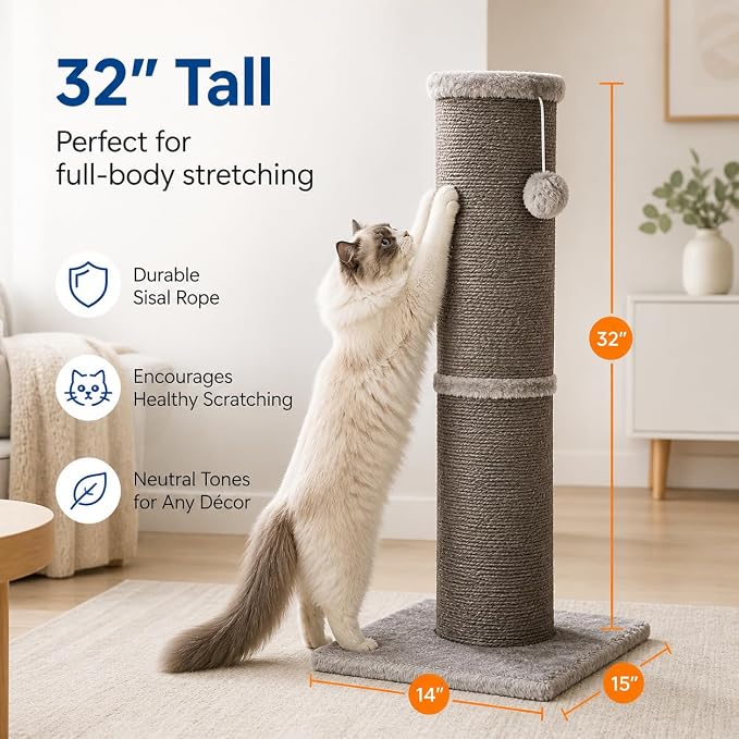 Sisal Cat Scratching Post for Indoor Cats & Kittens, 5.5" Diameter Heavy Duty Vertical Scratcher, 32 Inch Extra Tall Furniture Protector with Stable Base, Grey