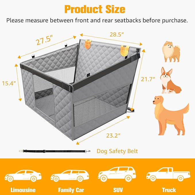 PETICON Large Dog Car Seat, Back Seat Extender for Dogs with Hard Bottom | Waterproof Medium Carseat for Dogs with 3 Mesh Windows, Pet Seat Cover for Cars, Trucks and SUVs