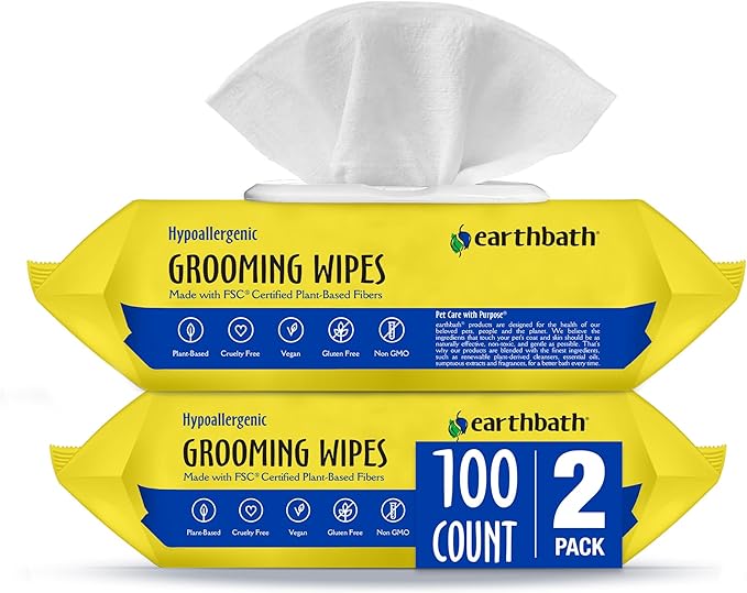 earthbath, Hypo-Allergenic Grooming Wipes - Fragrance Free Dog Wipes for Paws and Butt, Best Pet Wipes for Dogs with Sensitive Skin, Made in USA, Cruelty-Free Dog Cleaning Wipes - 100 Count (2 Pack)