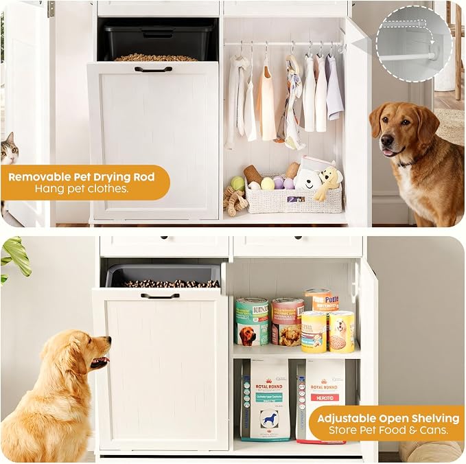 39.7’’W Dog Feeding Station, Tilt-Out Dog Food Cabinet for Multi-Pets, Pet Feeder Station with 4 Feeding Bowls, Dog & Cat Storage Organizer with Hanging Rod, (White, Dual Doors)