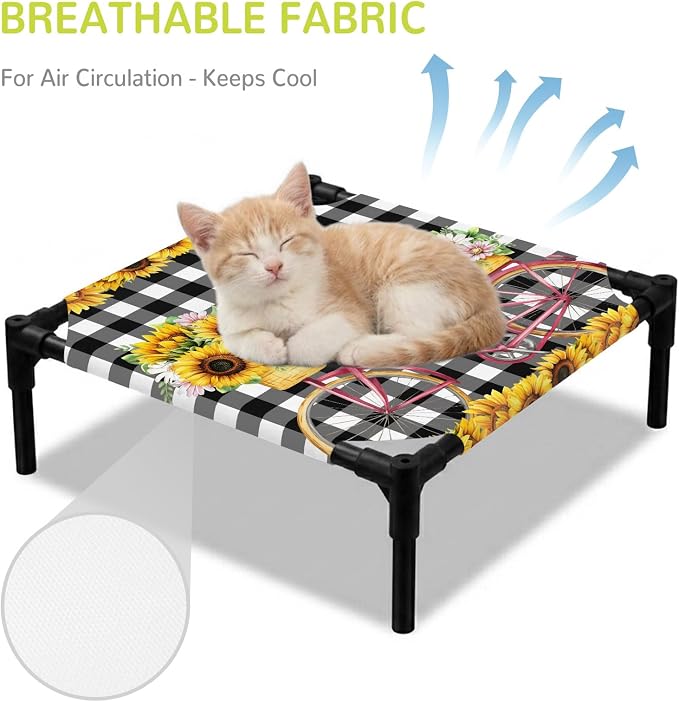 Outdoor Elevated Dog Bed for Small Dogs, Sunflowers Bicycle Breathable Cooling Raised Dog Cot for Indoor/Outdoor, Summer Budding Botanical Floral Lattice Waterproof Elevated Pet Beds, S 20 x 20 in