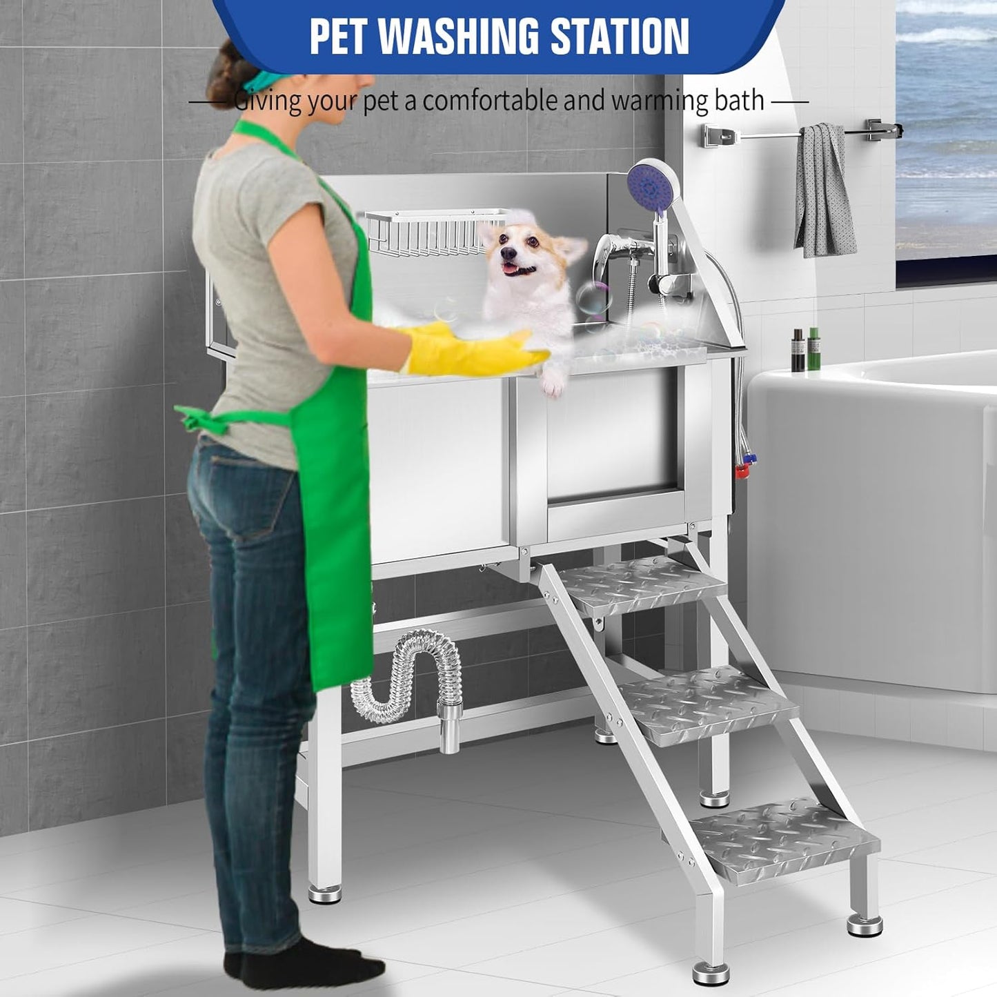 Dog Washing Station 38'' Stainless Steel Pet Grooming Tub for Large Dogs Over-Size Professional Dog Grooming Bathtub Station Wash Shower Sink Pet Grooming Bathtub Station