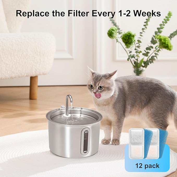 (12 Pack) Cat Water Fountain Filters Replacement Compatible with oneisall Cat Water Fountain, Cat Fountain Filters for 67oz/2L Stainless Steel Cat Fountain