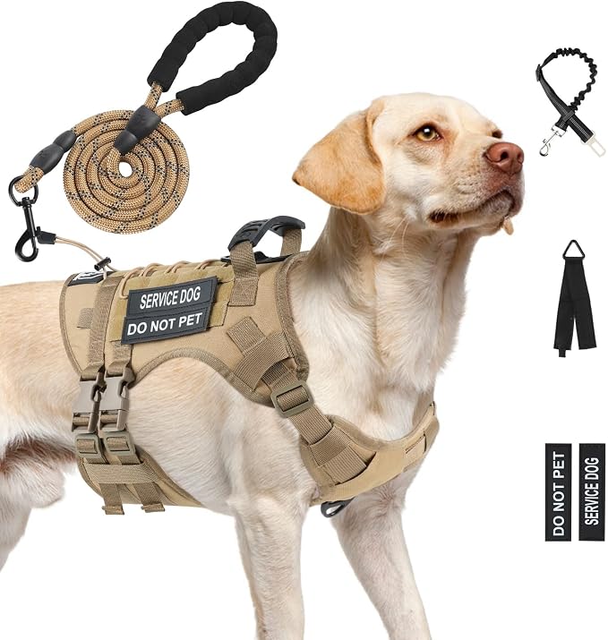 No Pull Tactical Dog Harness for Large Dogs, Service Dog Vest, L,Brown | Tactical Dog Vest Harness and Leash Set, Adjustable Military Service Dog Harness with Handle for Medium Large Dogs