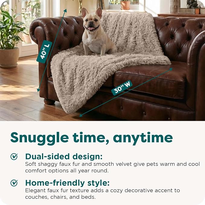 Furhaven Waterproof Throw Blanket for Dogs & Indoor Cats, Washable - Shaggy Plush Calming Long Faux Fur & Velvet Dog Blanket - Taupe, Medium