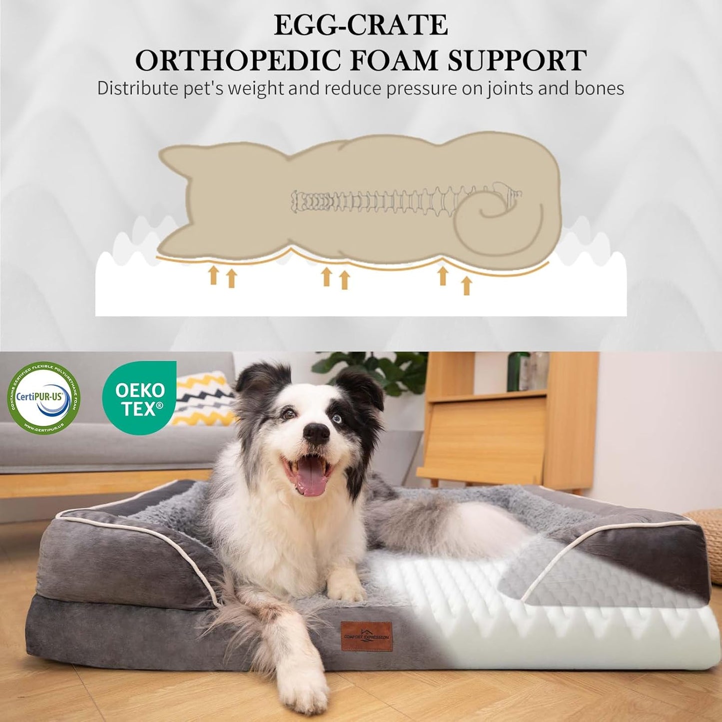 Comfort Expression Large Dog Beds Waterproof Orthopedic Foam Dog Beds for Large Dogs Sofa Comfy Pet Bed with Washable Removable Cover & Non-Slip Bottom(Grey)
