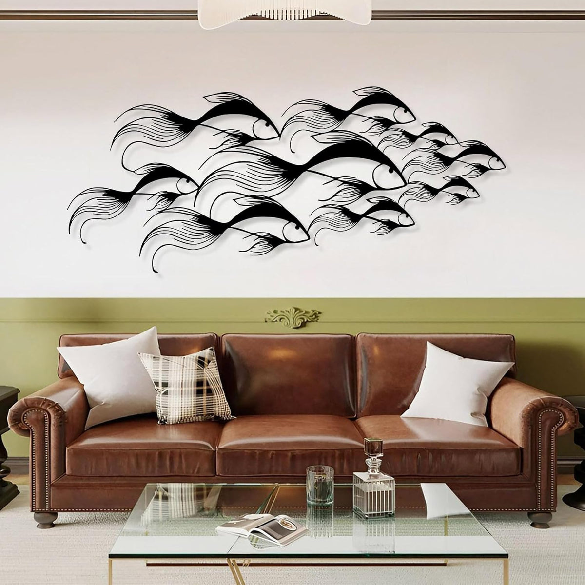 School of Fish Metal Wall Art, Metal Fish Wall Decor, Sea Life Wall Art, Large Nautical Wall Hanging, Modern Beach House Wall Decor, Ocean Themed Artwork for Bathroom (Gold, 35"x15" | 90x38cm)
