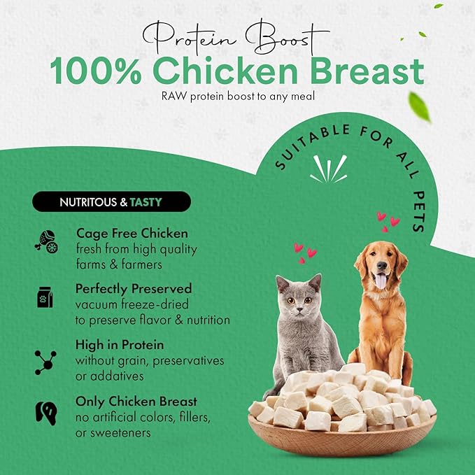 Freeze Dried Chicken Cat Treats | Healthy Dog Food Toppers 100% Human Grade | Single Ingredient, Grain Free Chicken Dog Treats | Inspected & Tested in USA | No Additives or Preservatives, 3.5 oz ASIN