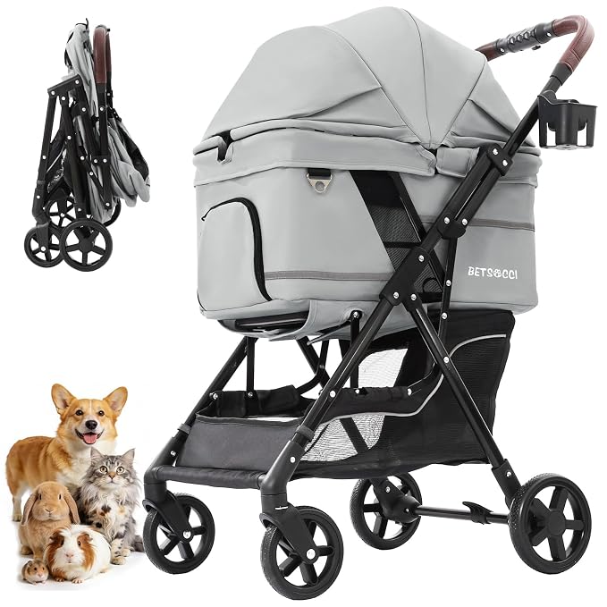 No-Zip Pet Stroller for Small Dogs & Cats, 44 lb, Gray | No-Zip Canopy, 44 lb Capacity, Reflective Trim, 2 Tethers, Lockable Front Wheels, Rear Brake and One-Hand Fold
