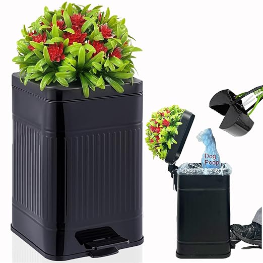 Metal Dog Poop Trash Can Outside - Small Outdoor Garbage Can with Pedal | Stainless Steel Dog Waste Container with Lid - Decorative Trash Bin (Faux Plant) - Hidden Trash Bucket - Black & Flower