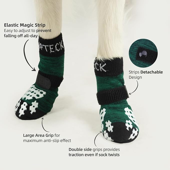 PUPTECK Anti-Slip Dog Socks with Double Sides Grips for Small Medium Large Dogs Hardwood Floors Prevents Licking, Dog Shoes for Hot Pavement Traction Control for Senior Dogs, Dark Green, XS