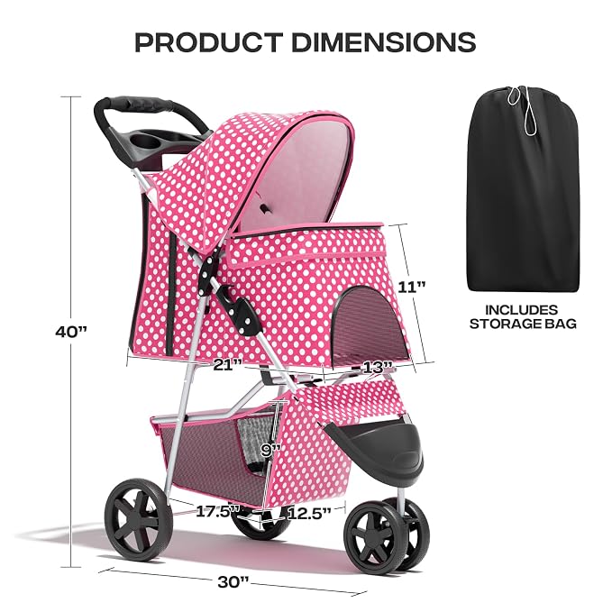 Pink Dog Stroller for Medium Dogs 30 lbs Pet Stroller for Small Dogs Cat Strollers for 2 Cats, 3 Wheels Foldable Jogger Puppy Stroller with Storage Basket and Cup Holder, Pink Polka Dots