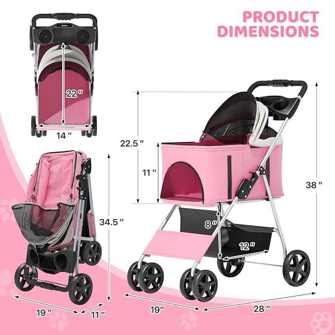 Magshion Foldable Pet Stroller, 3-in-1 Dog Travel Jogger with Detachable Carrier, Cup Holder, Storage Basket, Folding Carrier for Small/Medium Dogs & Cats Up to 33 lbs, Pink