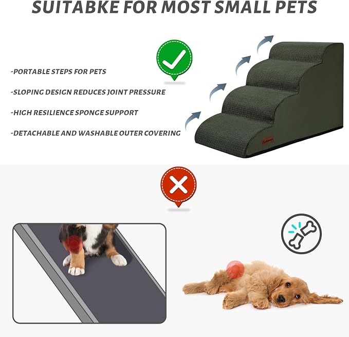 Aodisman Dog Steps for Bed or Couch,4-Step Pet Stairs Ramp for Small Dogs | 17.4" H Indoor Non-Slip Dog Stairs Help Senior Dogs,Short-Legged Breeds,Puppies and Cats to Reach Beds and Chairs,Grey,Green
