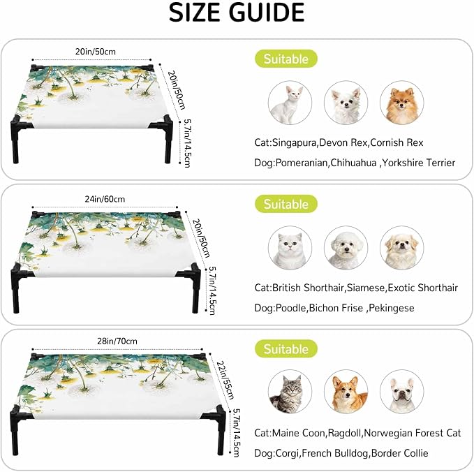 Outdoor Elevated Dog Bed for Small Dogs, Hanging Dandelions Breathable Cooling Raised Dog Cot for Indoor/Outdoor, Green Leaves Botanical Flower Minimalist Waterproof Elevated Pet Beds, S 20 x 20 in