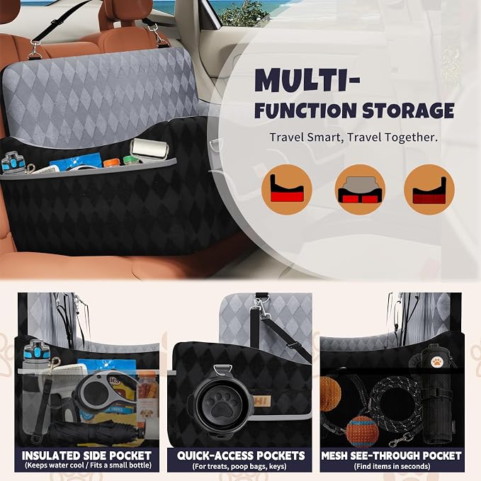 Dog Car Seat for Medium/Large Dogs up to 55lbs, 4-Pocket Storage Memory Foam Dog Booster Seat, Detachable Washable Pet Car Seat with Safety Belt, Outdoor & Indoor Use (Blue/Grey)