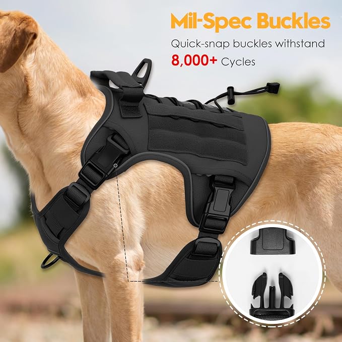 Heavy-Duty Tactical Dog Harness for Large Dogs, No Pull Adjustable Reflective Pet Vest with Molle System, K9 Military-Grade Control for Service Training, Outdoor & 10+ Breeds, Black, XX-Large