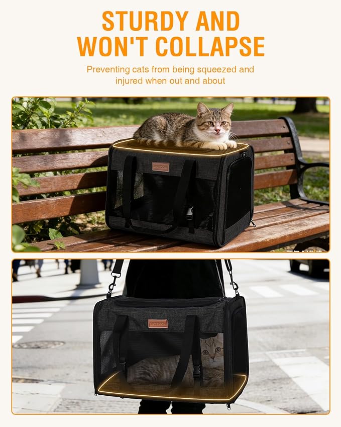 PETUX Large Pet Carrier for Large Cats up to 20 lb for Travel | Top & Side Entry, 4 Side Breathable, Foldable Soft Cat Travel Carrier with Safety Car Seat Buckle & Anti-Scratch Mesh, Black
