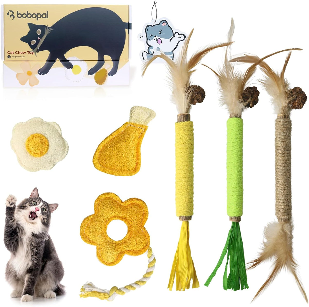 Catnip for Cats,Interactive Silvervine Sticks for Cats, Loofah Chew Cat Toys for Indoor Cats & Kitten Teething Toys & Cat Chew Toy,6 Pack