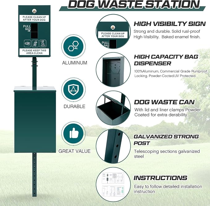 Blulu Dog Waste Station Outdoor Dog Waste Trash Can with Poop Bag Dispenser and 600 Can Liners Galvanized Steel Pet Poop bin Reflective Sign Rust Proof pet Trash Bin for Commercial Park Backyard