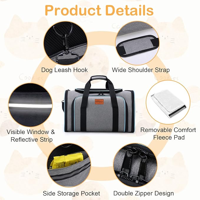 Expandable Airline Approved Pet Carrier, Soft-Sided Travel Bag for Small Cats Dogs with Hard Shell Base, Removable Fleece Pad, Ventilated Mesh, Gray (Blue Trim)