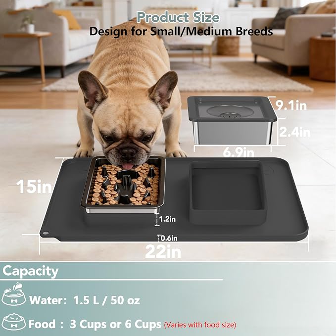 Dog Bowl Set, No Spill Dog Water and Food Bowl with Slow Feeder | Large Capacity 304 Stainless Steel Bowls, 3-In-1 Set, Slow Drinking, Anti-Slip Mat, Easy to Clean, Home/Travel, 6-7 Cups