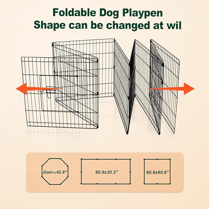 PJYuCien Dog Playpen - 8 Panels 36”H Metal Foldable Dog Exercise Pen, Pet Fence Puppy Crate Kennel Indoor Outdoor with Top Cover & Bottom Pad for Medium Large Pets