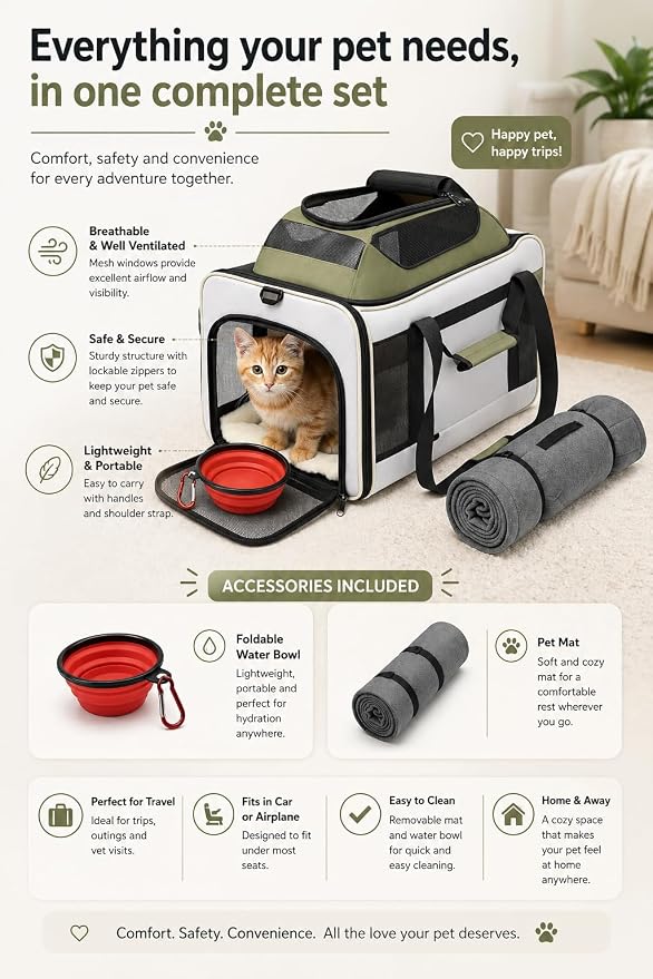 Cat Carrier Dog Carrier Airline Approved, Pet Carrier for 2 Cats Small Medium Dogs, Soft Cat Carrier 18x15x15 with Foldable Bowl & Washable Pad, TSA Approved Dog Carriers by Luniko Shop (Cream)