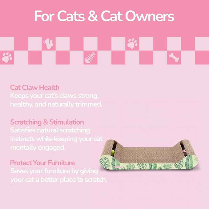 Rini 23.75" Modern Cardboard Cat Scratcher Lounge Bed with Built-in Bell Toys and Catnip, Ergonomic Curved Sofa Design, Mint/Green Leaf Pattern, Set of 2 CSR1003E-SET2