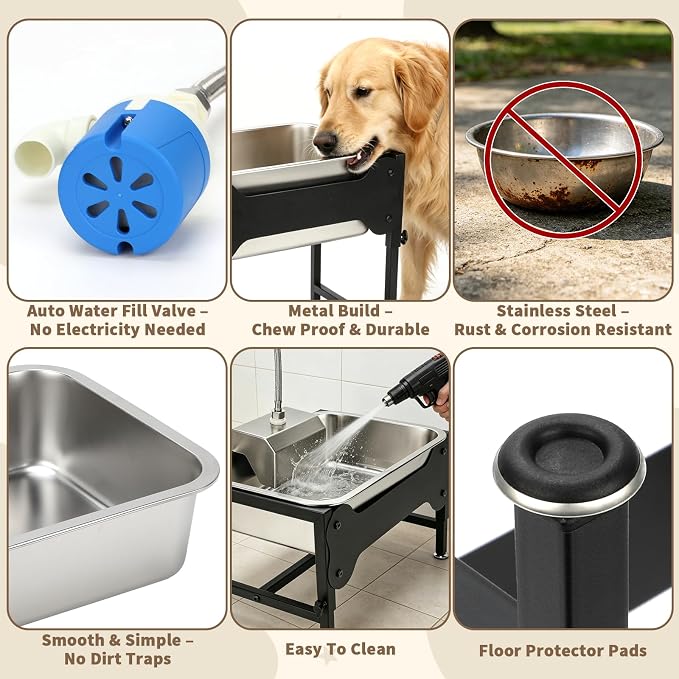 YUEPET Dog Water Bowl Dispenser, Automatic 3 Gallon Elevated Dog Bowl | Auto-Fill Float Valve, 4 Adjustable Heights, 3 Gallon Capacity, Stainless Steel Bowl, Outdoor Use, Dogs, Sheep and Goats
