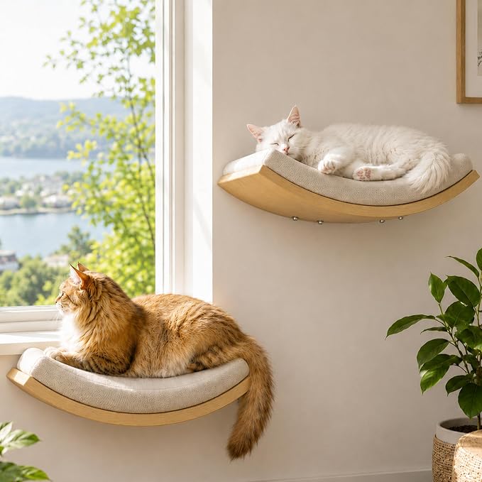 Cat Wall Shelf with Curved Hammock Bed, Wall Mounted Cat Perch with Beige Soft Foam Cushion, Floating Wall Furniture for Climbing, Sleeping & Lounging