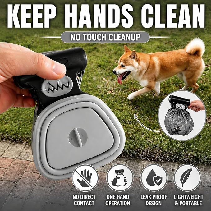 Dog Pooper Scooper with Waste Bag Dispenser – Small Size, Portable, Lightweight, One-Hand Operation, Leak-Proof, Durable Pet Waste Scooper (Grey)