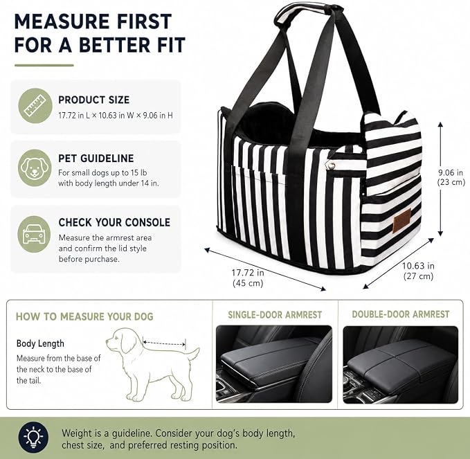 Console Dog Car Seat for Small Dogs to 15lbs (Black& White Stripes) | Center Console Puppy Booster and Portable Travel Bed, Anti-Collapse Design with Washable Fluffy Cushion