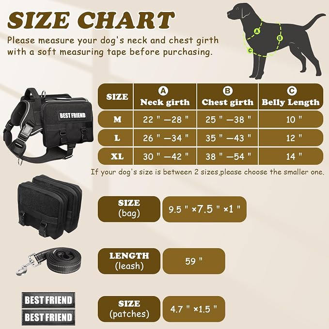 Dog Backpack Harness and Leash Set for Large Dogs Black XL | Removable Side Pockets Dog Vest with Padded Handle&MOLLE,No Pull Front&Back Metal Clips for Hiking Training Walking Hunting