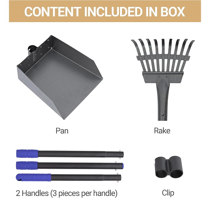 Dog Pooper Scooper, Dog Poop Tray and Rake Set with Long Stainless Handles | Pet Waste Removal Scoop with Adjustable Sectional Handles