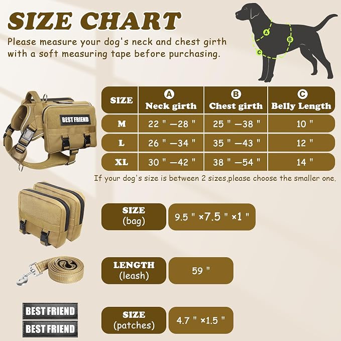 Dog Backpack Harness and Leash Set for Large Dogs Brown XL | Removable Side Pockets Dog Vest with Padded Handle&MOLLE,No Pull Front&Back Metal Clips for Hiking Training Walking Hunting
