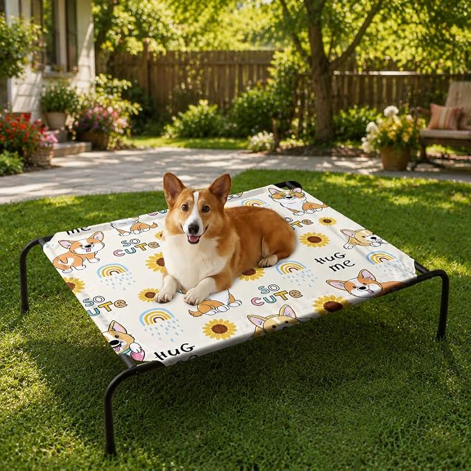 Kawaii Corgi Sunflower Orthopedic Elevated Dog Pet Bed(47"X31"X9"),with Metal Frame,Printing Breathable Waterproof Dog Kennel,Sleeping Bed for Small Medium Large Dogs Cats,for Home,Outdoor Use