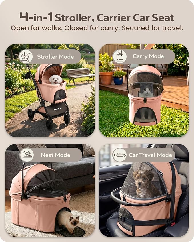 Pet Stroller with Detachable Carrier for Small & Medium Dogs & Cats, Smooth Comfort Ride with Shock-Absorbing Suspension, Foldable Dog Stroller, Compact Storage (Peach Pink)