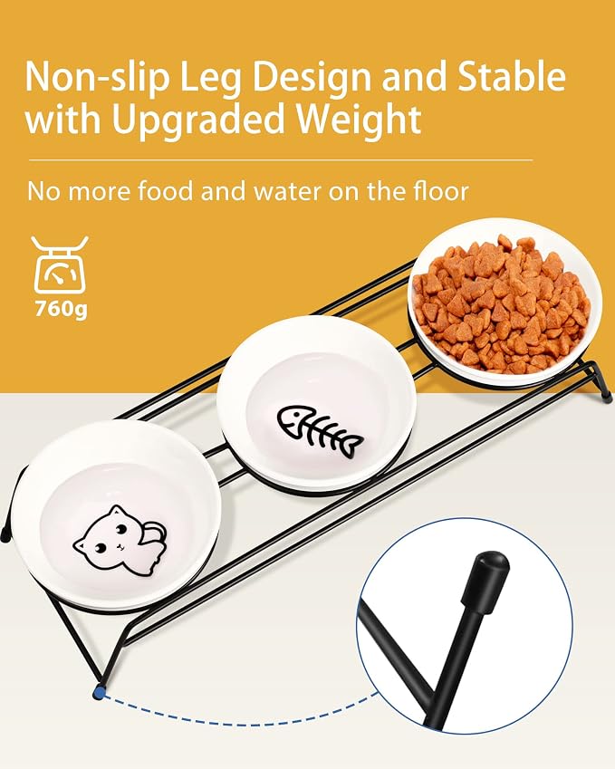 Anti-Vomiting Raised Cat Bowls - 3 × 13 oz Ceramic Food & Water Bowls with Non-Slip Stainless Steel Stand, Dishwasher Safe for Indoor Cats & Puppy
