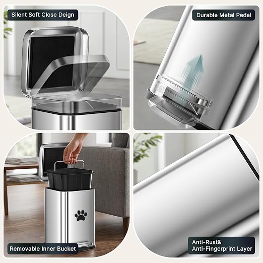 Small Dog Poop Trash Can Outside with Odor Control Lid, 5L/1.3Gal Metal Step Pedal Waste Bin & Removable Inner Bucket, Includes 30 Trash Can Bags, Indoor/Outdoor/Yard Dog Waste Trash Can (Silver)