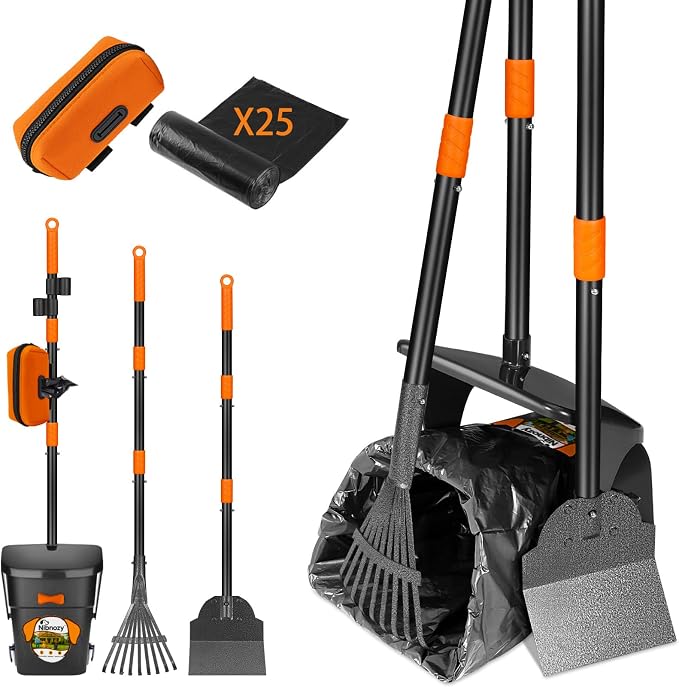 Dog Pooper Scooper with Bags & Dispenser - 37.4" Long Durable Metal Handle Swivel Bin & Rake & Spade Kit, Large Capacity Portable Pooper Scooper for Yards，Easy to Assemble