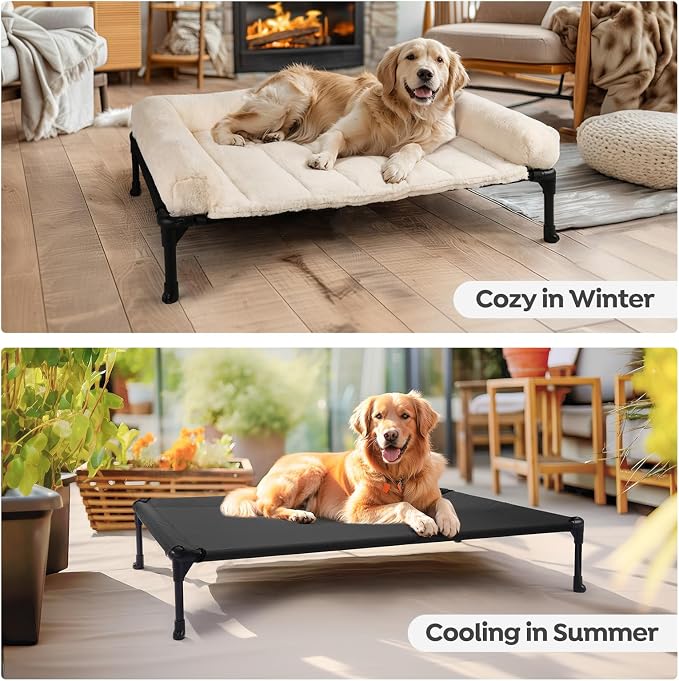 Veehoo Elevated Dog Beds Medium Sized Dog with Fluffy Plush Bolster Cushion | Orthopedic Raised Dog Beds for Indoor Outdoor, Soft Pet Sofa Cot with Removable Washable Mat, No-Slip Feet, 32" x 25", White