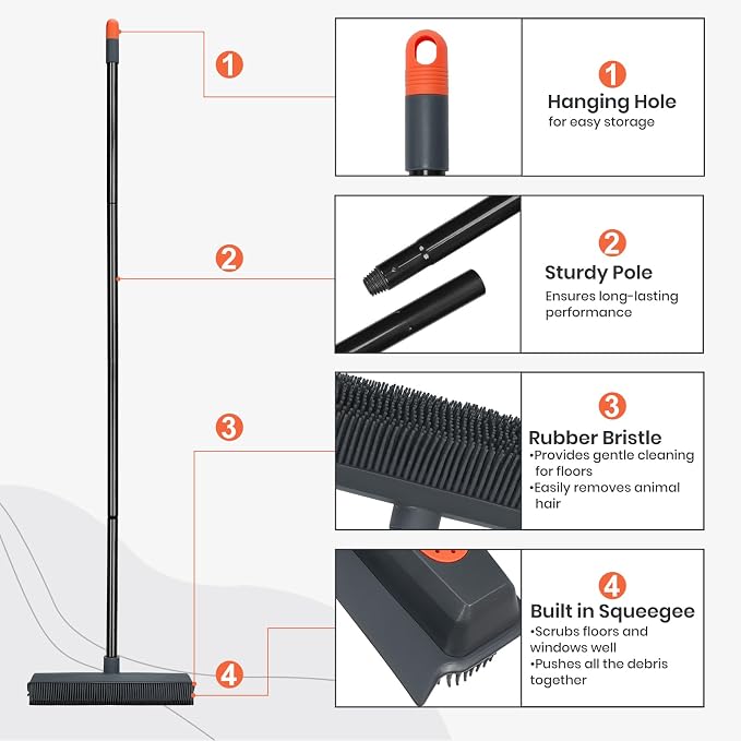 MAVRIZ Pet Hair Removal Broom on Carpet, Rubber Broom for Hardwood Floor - Fur Remover Broom with Squeegee