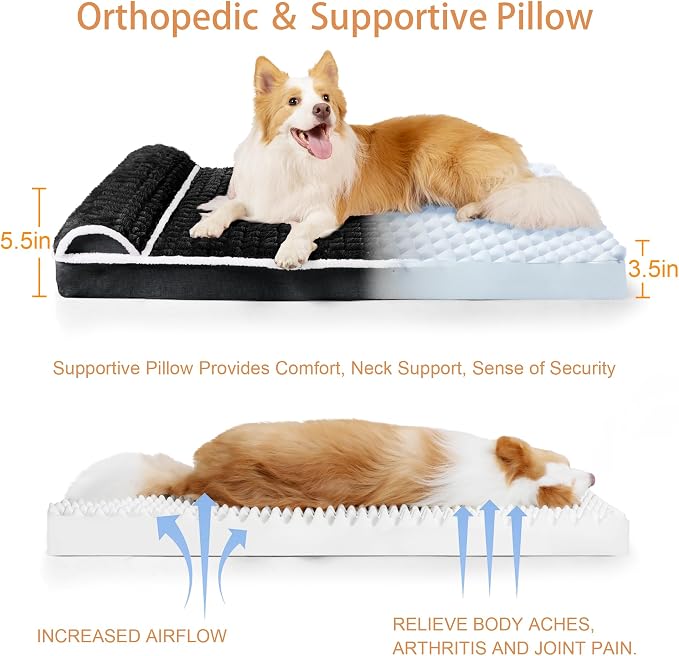Orthopedic Large Dog Bed Pillow Pet Sofa Bed 48''X30'' Black | Egg-Crate Foam Pet Couch Large Sized Dog, Waterproof Removable Washable Cover,Furry Puppy Crate Mat With Nonskid Bottom