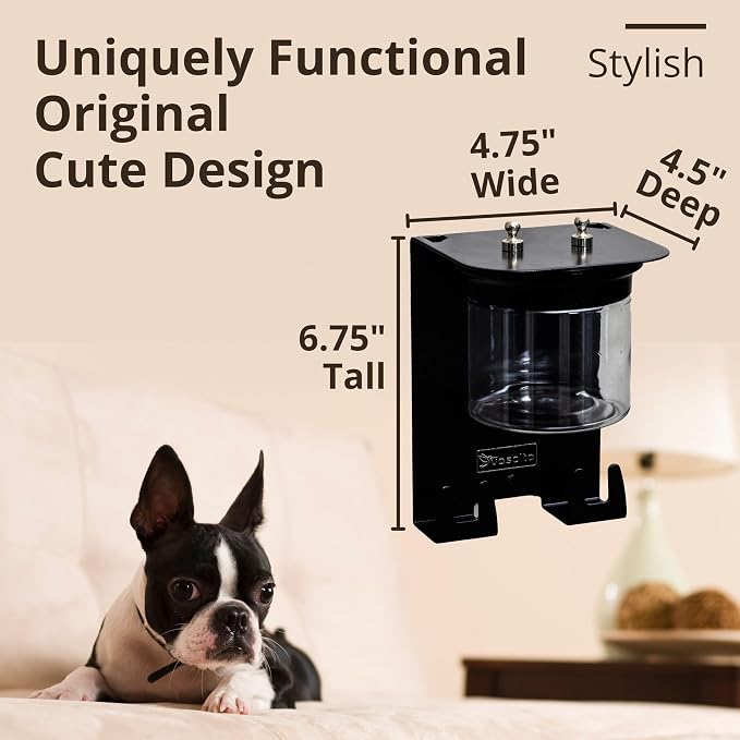 Dog Leash Holder for Wall with Shelf - Wall Mounted Dog Treat Holder & Station, 1 Airtight 16oz Treat Container, 6 Hooks, Patented Lidless Slide-to-Seal Jar, Solid Steel, Made in USA
