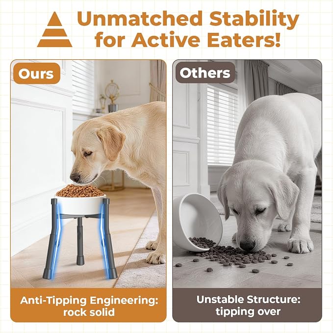 Elevated Dog Bowl Stand for Large Medium Breeds, Extra-Stable Food Feeder | 2 Pack Adjustable Size 4 Heights Width 6-10in, Anti-Tip Metal Raised Water Dish Holder, Non-Slip Tall Single Lifted Riser