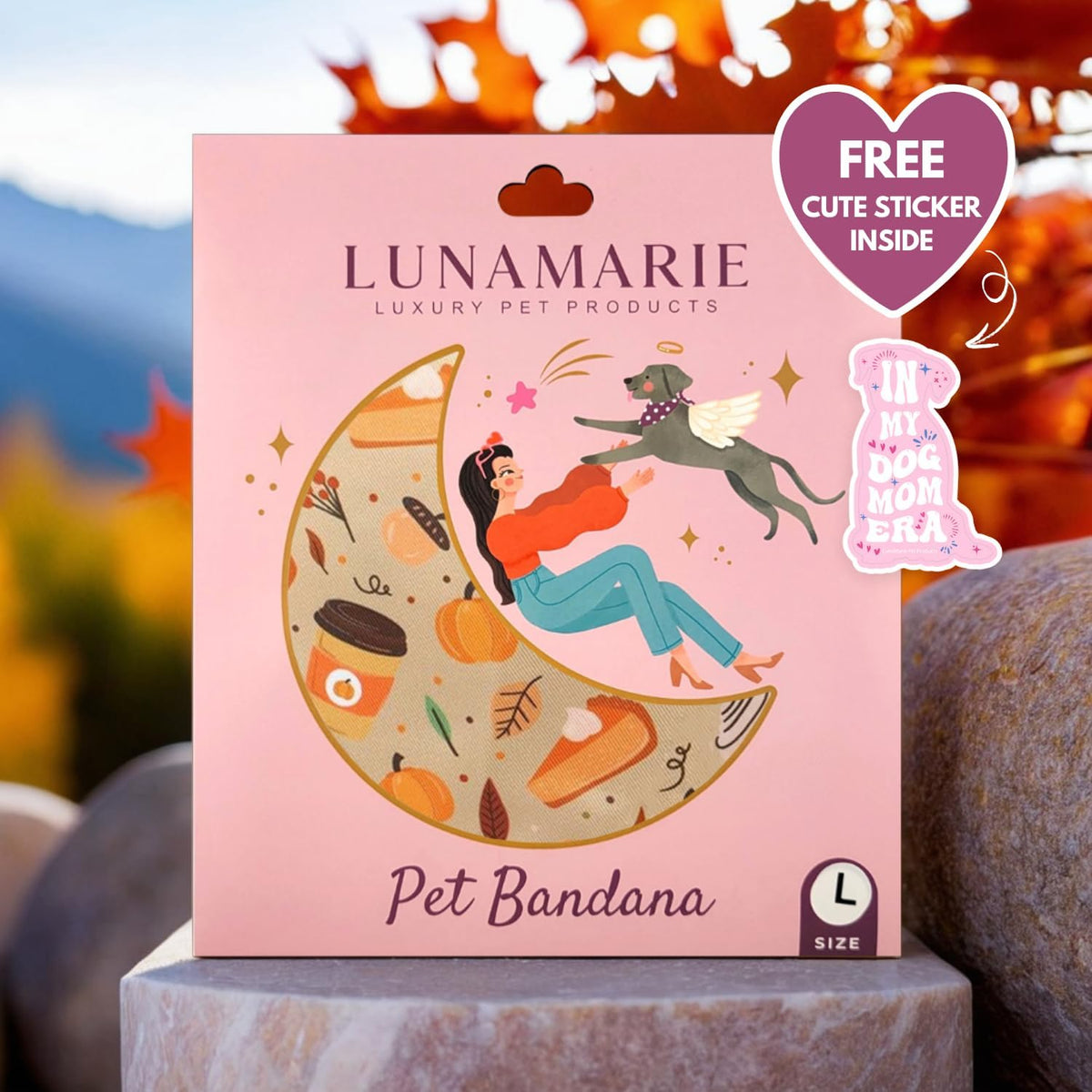 LunaMarie - Luxury Dog Bandanas - Pumpkin Spice Fall Design | Premium & Silky Poly Fabric | 100% Handmade Quality | Custom Shape Dual Layered Reversible Small, Medium, Large Pet (Fall Sweets, Large)