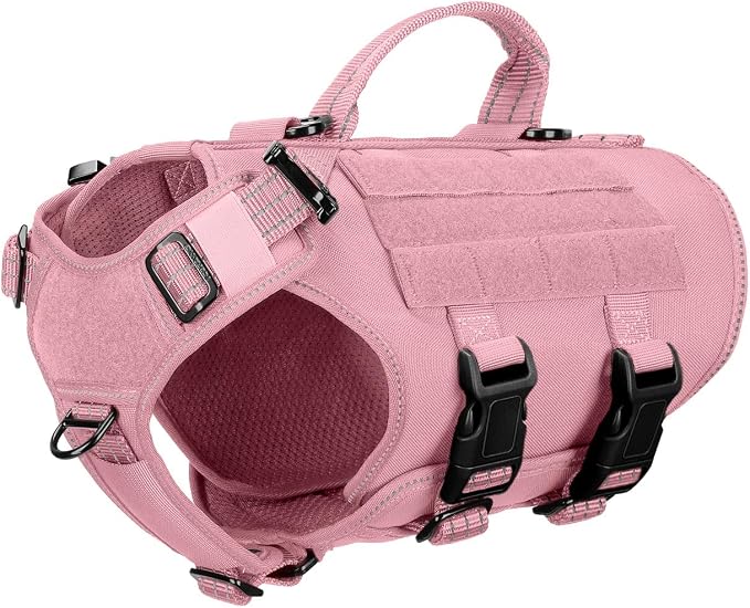 ICEFANG No Pull Tactical Dog Harness for Small Dogs,Adjustable Dog Vest | Control Handle,MOLLE Panel,Front Hook,3 Leash Clips,Soft Padded,for walking training,Pink,Small