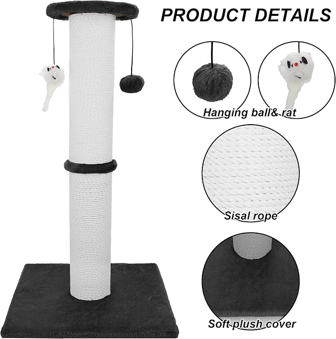 Cat Scratching Post 34 Inches Heavy Duty and Thicker Cat Scratching Post Cotton Rope with Hanging Ball and Mice Scratching Post for Indoor Cats and Adult(Black)